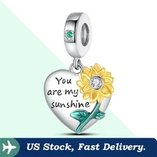 KUNSIR Sterling Silver Dangle Charm For Bracelet Sunflower Heart Charm Pendant