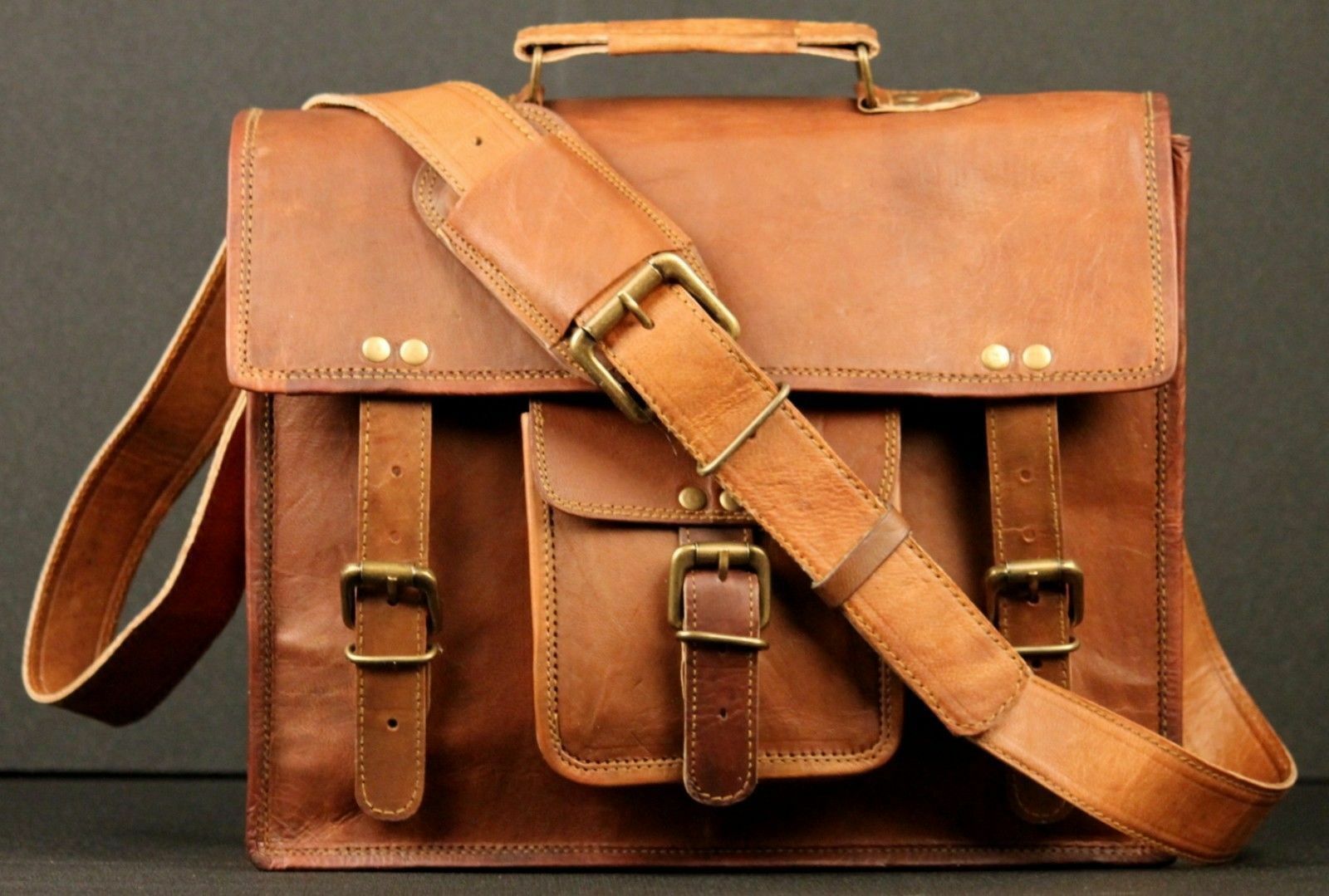 Vintage Men's Real Goat Leather Messenger Shoulder Bag for Laptop & Essentials