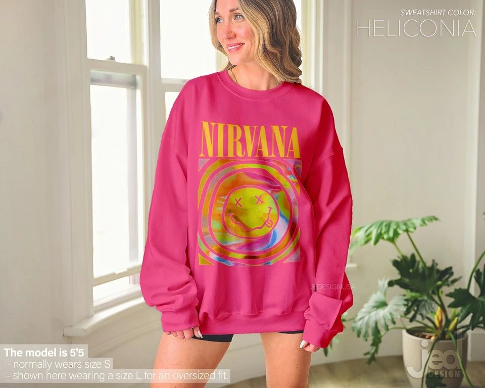 Sudadera Nirvana Smiley Face; Sudadera Unisex Nirvana Estética Rosa Arco Iris Foto 3 de 4