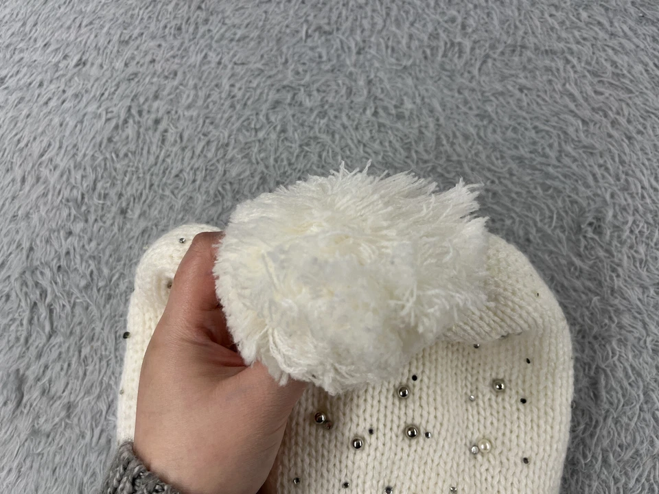 Ku Tae Yi Gorro Toque Jóvenes Niñas Blanco Tejido 100% Acrílico Perla Joya Bling Pom Foto 3 de 4