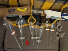 Huge Lot (12) of Pyrex No.6400/Kimax/? Squib Separatory Funnels, 30/60/125/500ml