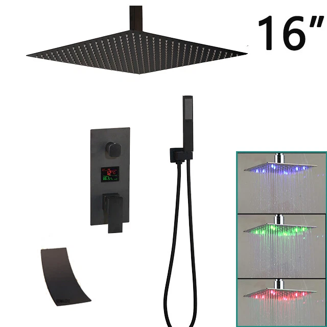 16" Balck Ceiling Mount LED Shower Head Digital Mixer Valve Tub Spout Shower Tap
