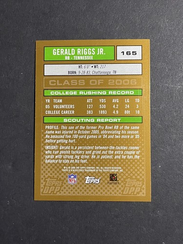 2006 Topps Draft Picks (DPP) Gerald Riggs Jr. Rookie Card #165 - Tennessee - Picture 2 of 2
