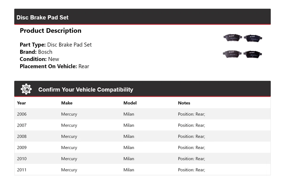 Pastillas de freno traseras de cerámica QuietCast 2007 2008 para Mercury Milan Bosch 2006-2011 Foto 2 de 4