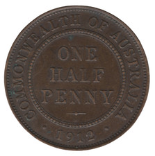 1912 H Australia Half Penny Coin – King George V Bronze Coin