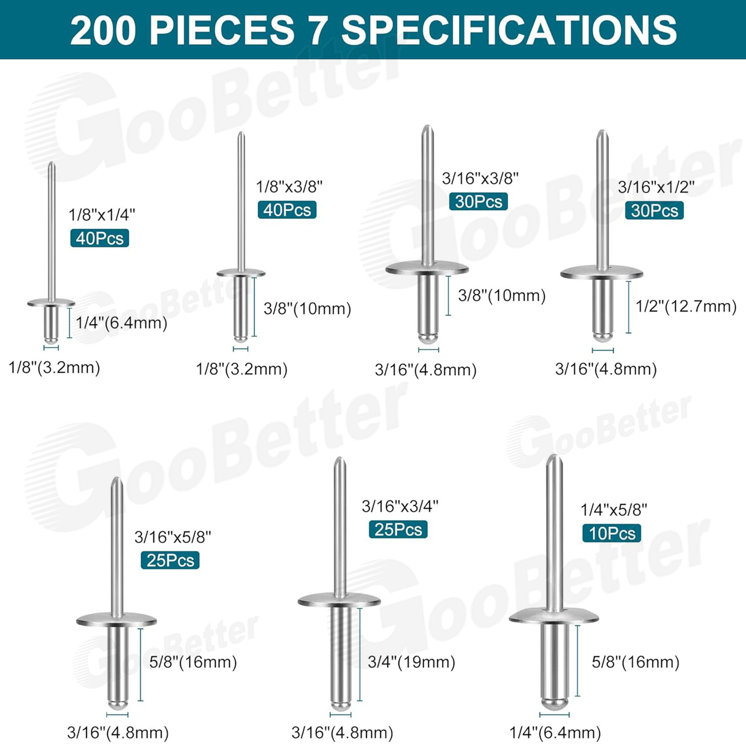 Different Size Rivets 200PCS Pop Rivets Assortment Large Flange Aluminum Blind Rivets 1/8