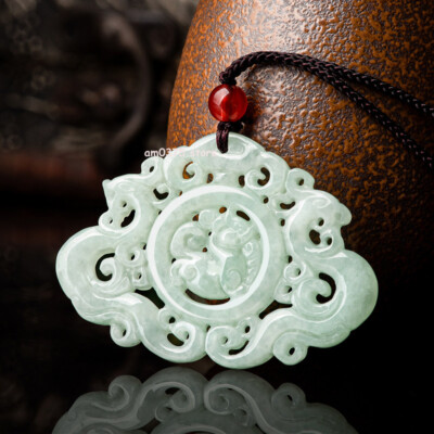Natural Grade A Jadeite Hollow Dragon Phoenix Ruyi Man Women's Jade Pendant