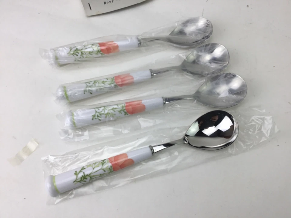 NEW Noritake BRIGHT SIDE 18/8 Stainless Peach Poppy Flower Flatware 4 Soup Spoon - Image 2 of 3