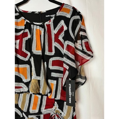 Karl Lagerfeld Paris Dress Womens 2 Black Red Abstract Chiffon Maxi LD4EGE16
