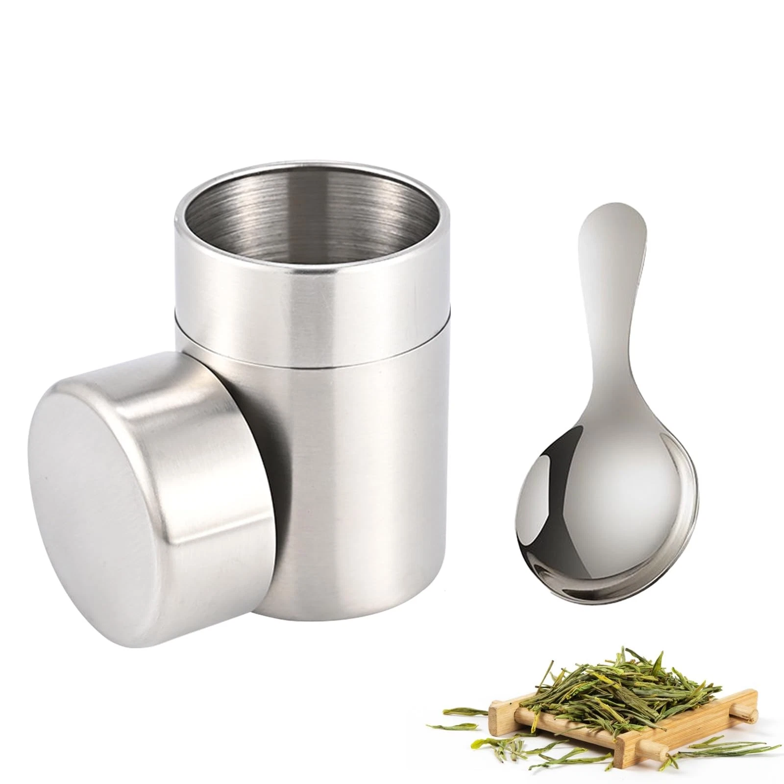 Stainless steel tea caddy with double lid, 400ml capacity, includes tea spoon