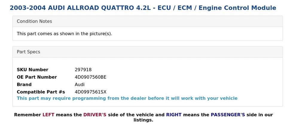 AUDI ALLROAD QUATTRO 2003-2004 4,2 L - ECU/ECM/módulo de control del motor Foto 3 de 4