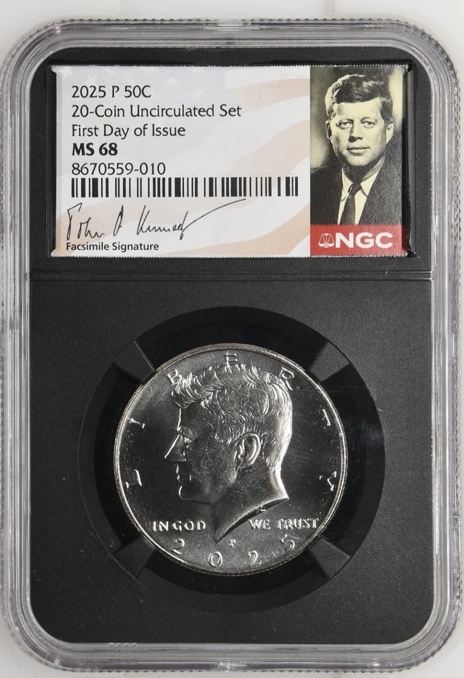 2025 P & D KENNEDY NGC MS68 68 MEIO DÓLAR 2 CONJUNTO DE MOEDAS, PRIMEIRO DIA - 2 Conjunto de Moedas % - Imagem 3 de 4