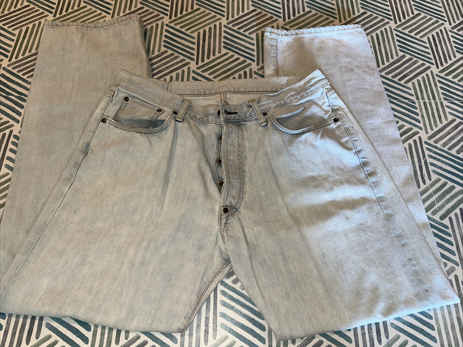 Edwin Button Front Cinch Back Distressed Light Bl… - image 1