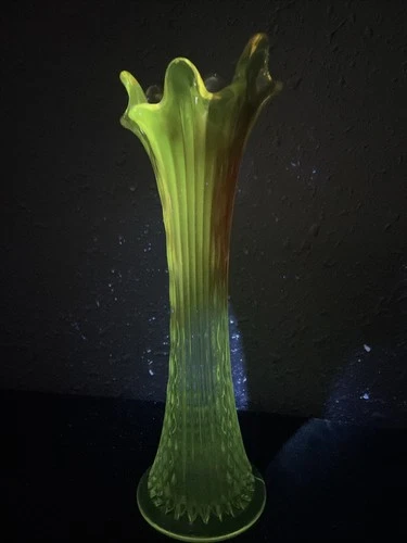 Fenton Manganese Carnival Glass Iridescent Marigold Swung Rib Vase Vintage GLOWS