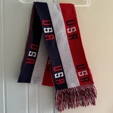 Vintage USA Knit Scarf Patriotic Red White Blue Knitmakers Made in USA Olympics