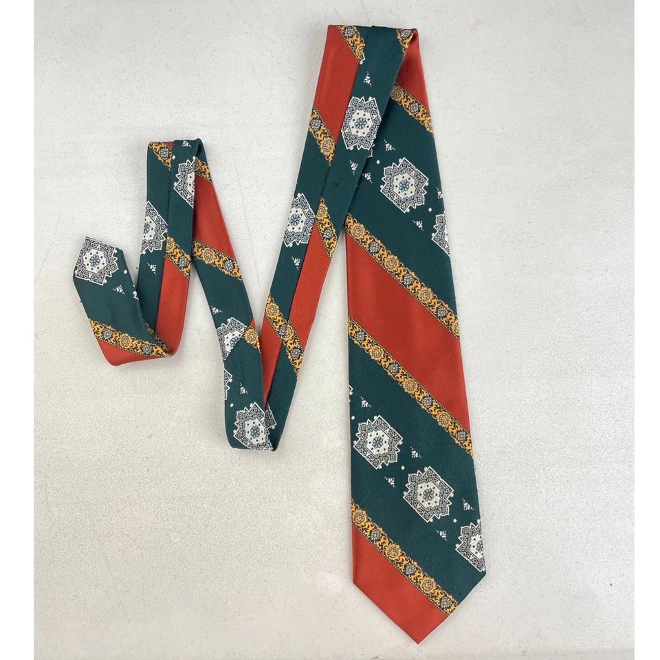 Corbata ancha de damasco diagonal de jacquard a rayas naranja/verde vintage años 60 para hombre Foto 3 de 3