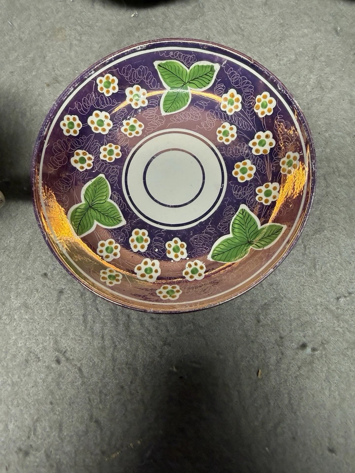 ANTIGUA TAZA Y PLATILLO BRILLO PÚRPURA SIGLO XIX LOTE DE 6 STAFFORDSHIRE SIN MARCA? Foto 4 de 4