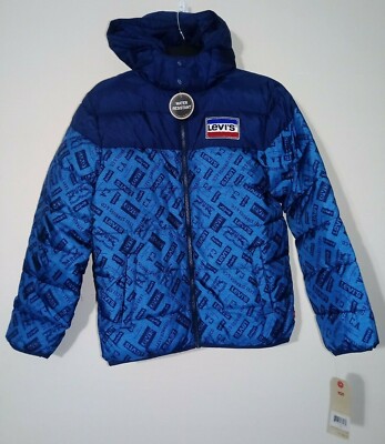 Levi's Logo Boys Puffer Hooded Jacket Blue Denim Look & Navy Sz L 12/13 