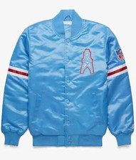 Men's Bomber Houston Oilers Light Blue Satin Football Jacket Free Shipping
