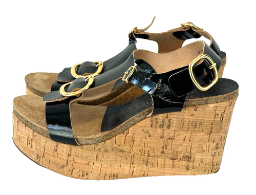NWB PEDRO GARCIA Dorella Cork Black Patent Leather Gold Buckle Wedge Sandals 7 - Picture 4 of 11