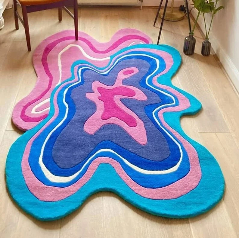 Alfombra de lana de forma irregular, Amoeba rosa-azul, alfombra de lana acolchada a mano 5X5 Foto 3 de 4