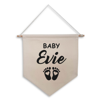 Personalisierte neue Baby Füße Natur Wandfahne Schwarz Design Name Baumwolle Canvas...