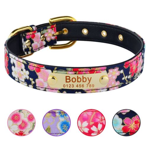 Personalized Dog Collar Custom Engraved PU Leather Puppy Pet Name ID Tags Flower - Afbeelding 1 van 14