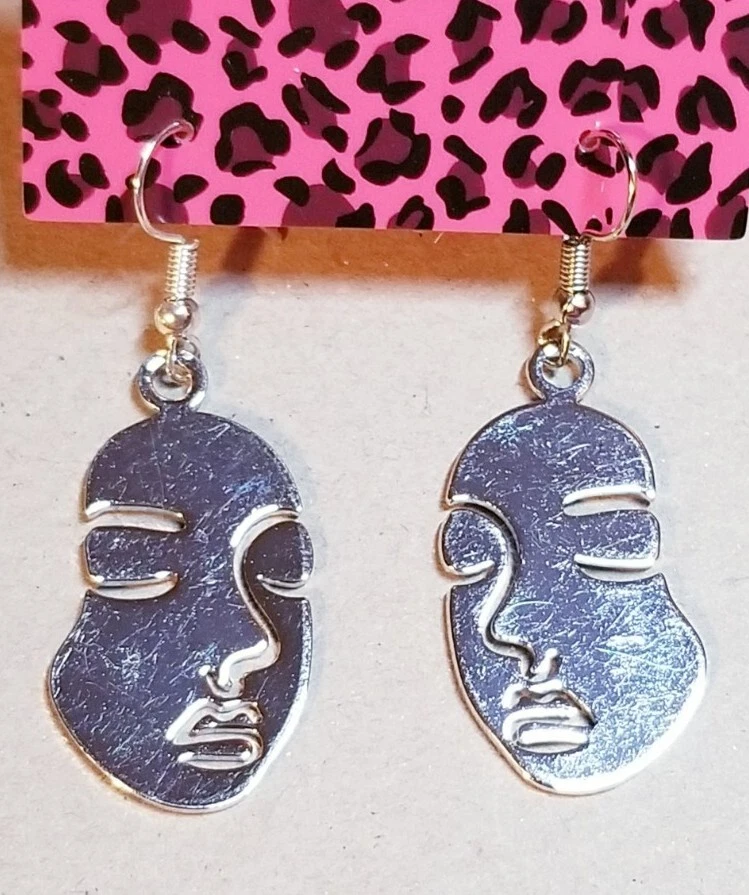 Art Deco Style abstract Art Human Face Silver Plated Dangling
