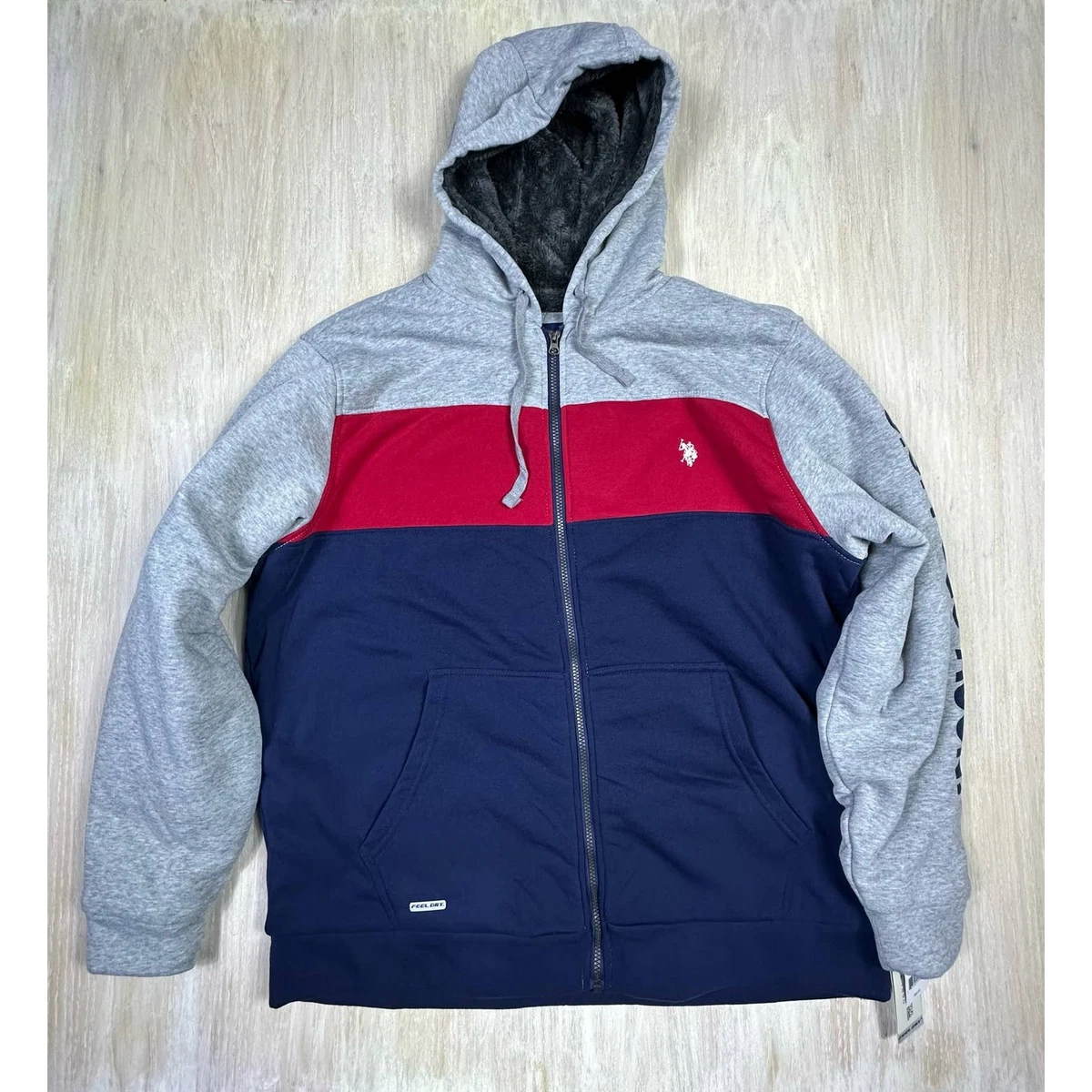 NWT U.S. Polo Assn. Gray Navy Color Block Sherpa Full Zip Hoodie