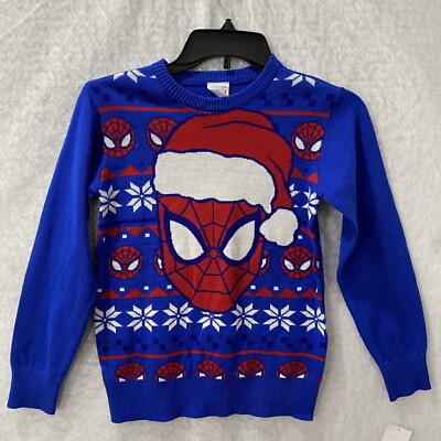 Marvel Spiderman Sweater Boys S (8) Christmas Blue Red Knit