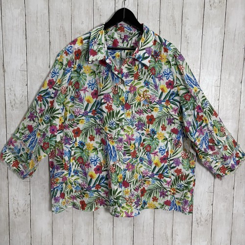 NWT John Mark 100% Linen Floral 3X Print Point Collar 3/4 Sleeve Front Tunic