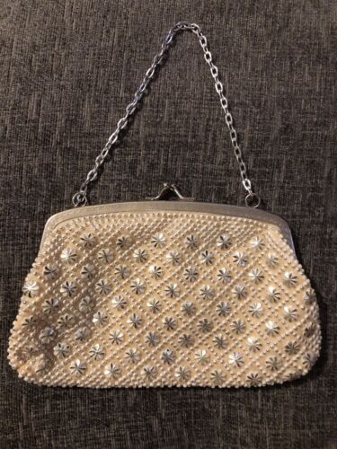 Vintage Cream Metal & Plastic Studded Chained Evening Handbag Purse L@@K