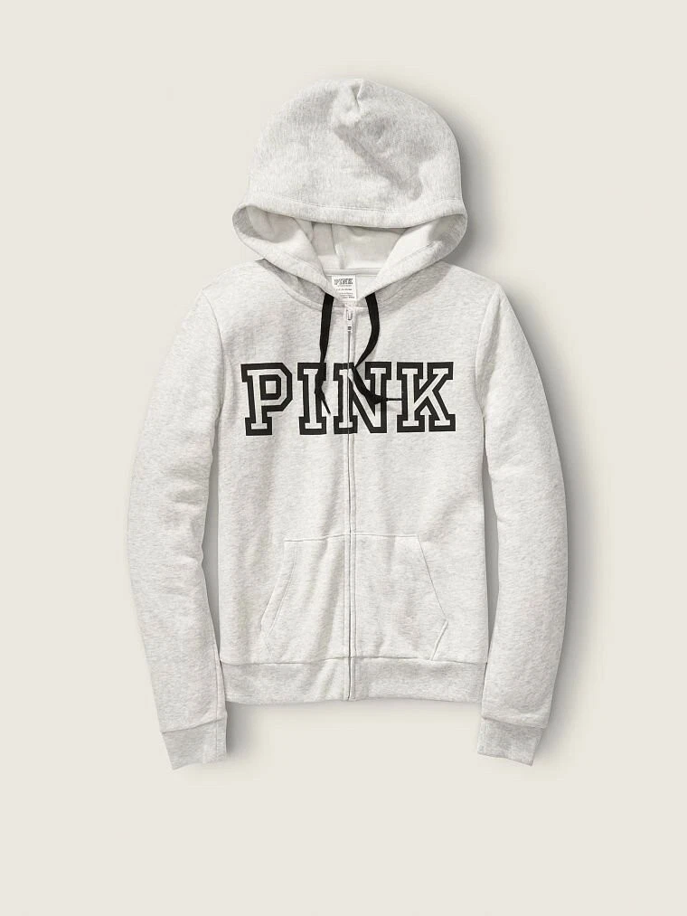 NWT VICTORIAS SECRET PINK PERFECT FULL ZIP HOODIE GREY BLACK LOGO SMALL S