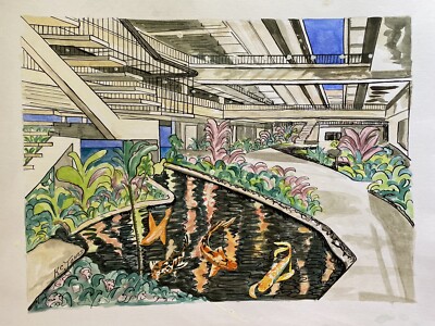 MAUNA KEA HOTEL Watercolor Painting Kohala Coast Hawaii Beach Koi
