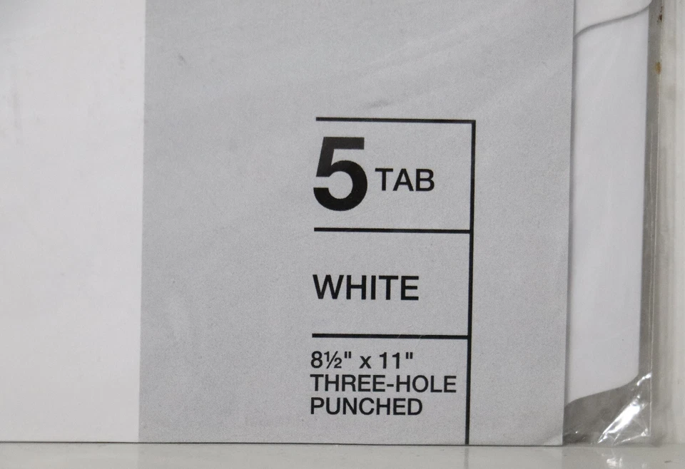 Divisores de lengüetas borrables 5 pestañas blanco 8,5" x 11" tres agujeros perforados Wilson Jones Foto 3 de 3