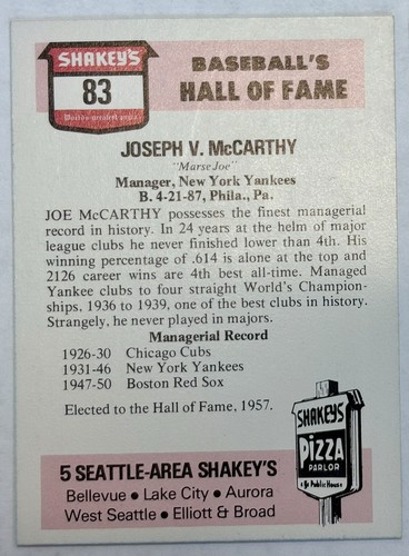 1976 Shakey’s Pizza Baseball JOE MCCARTHY #83 Vintage HOF & Immortals - Picture 2 of 2