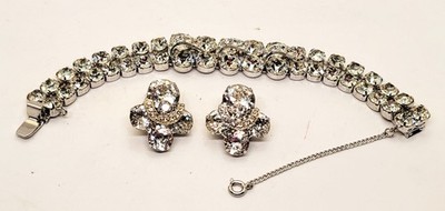 Stamped EISENBERG Silver tone Clear Rhinestone Set 7'' Bracelet Clip-On Earrings