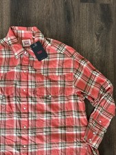 Levis Shirt Mens Large RedOrange Plaid Western Pearl Snap Long Sleeve Cowboy Top