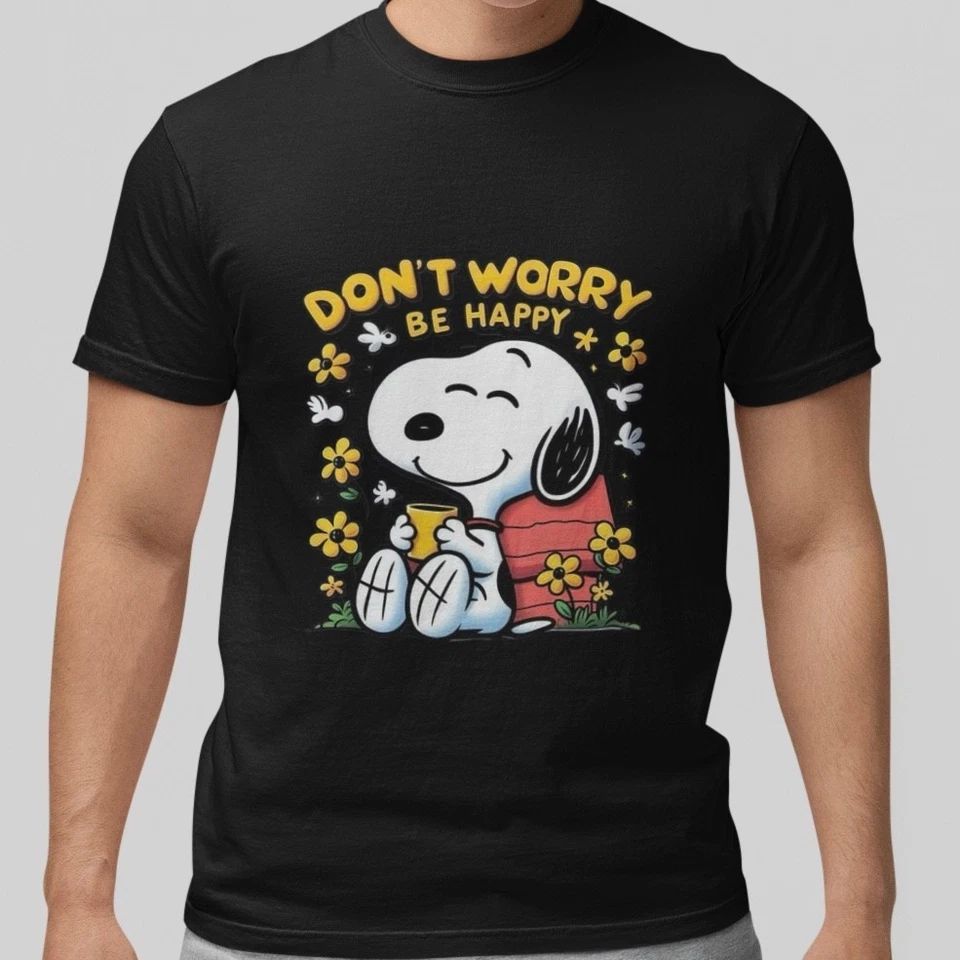 Linda Camiseta Snoopy Perro Don’t Worry Be Happy Floral Dibujos Animados Gráficos Camiseta Unisex Foto 4 de 4