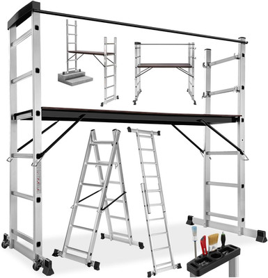 Tectake Gerüst, Leiter 4 in 1, Mobile Mehrzweckleiter, Arbeitsbühne, Baugerüst,