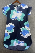 A New Day Women  s Size Small Navy Blue Shift Floral Dress Cuffed Short Sleeves