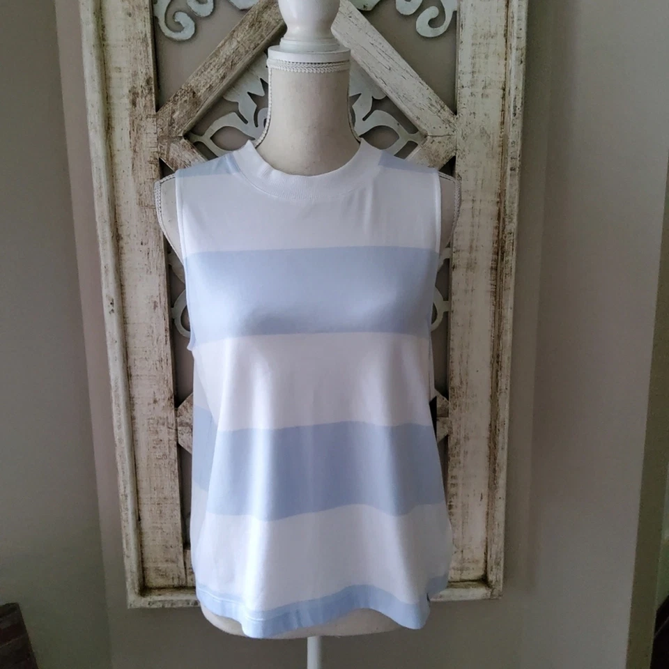 Camiseta sin mangas Andrew Marc Sport Rugby tejida a rayas cuello redondo cuadrada azul Foto 3 de 4