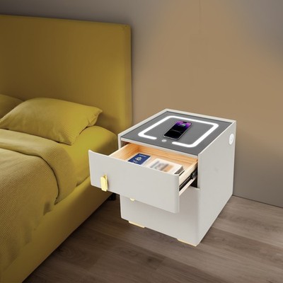 Phone Charging Bedside Cabinet, Grey, Bedside Table with Safe+Combination Lock