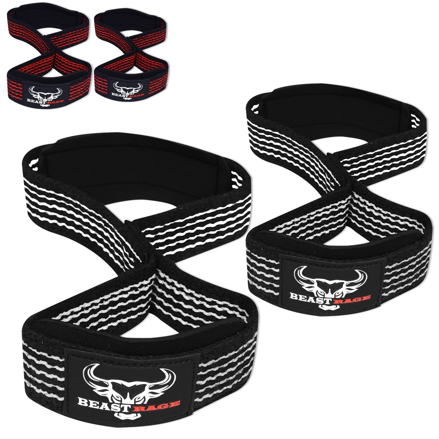 BEAST RAGE Figure 8 weight lifting straps Professional Padded Black/White