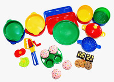 PLAY FOOD LOT...27 PIECE...DESSERTS/DISHES/MIXER/TRAYS/PANS ETC/PLASTIC...NICE 