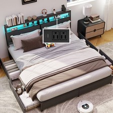 King Size LED Bed Frame Metal Platform With 4 Storage Drawers Charging Station