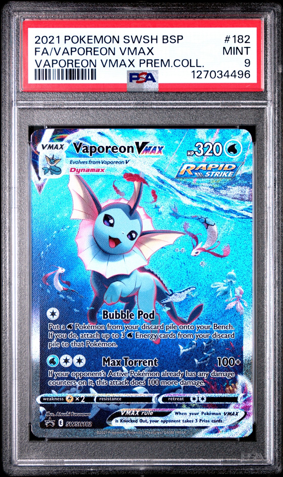2021 POKEMON SWSH BLACK STAR PROMO #182 FULL ART/VAPOREON VMAX PSA 9