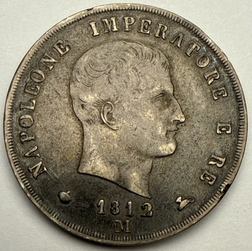1812 M 5 Lire Kingdom of Italy Napoleonic Issue .900 Silver Coin Sharp Details