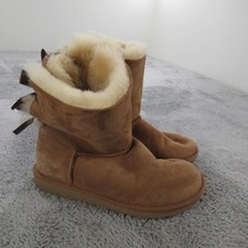 UGG Boots Girls Size 4 Brown Suede Sheepskin Fur Lined Back Bow Winter Snow