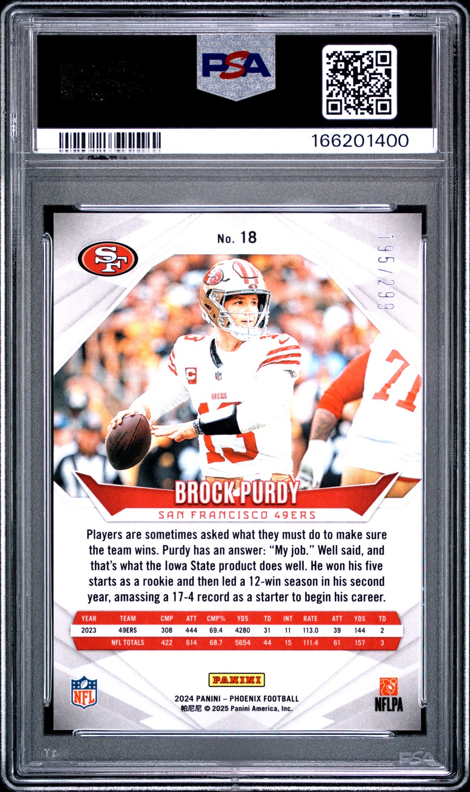 2024 PANINI PHOENIX RED FADE #18 BROCK PURDY 195/299 PSA 10 view 2